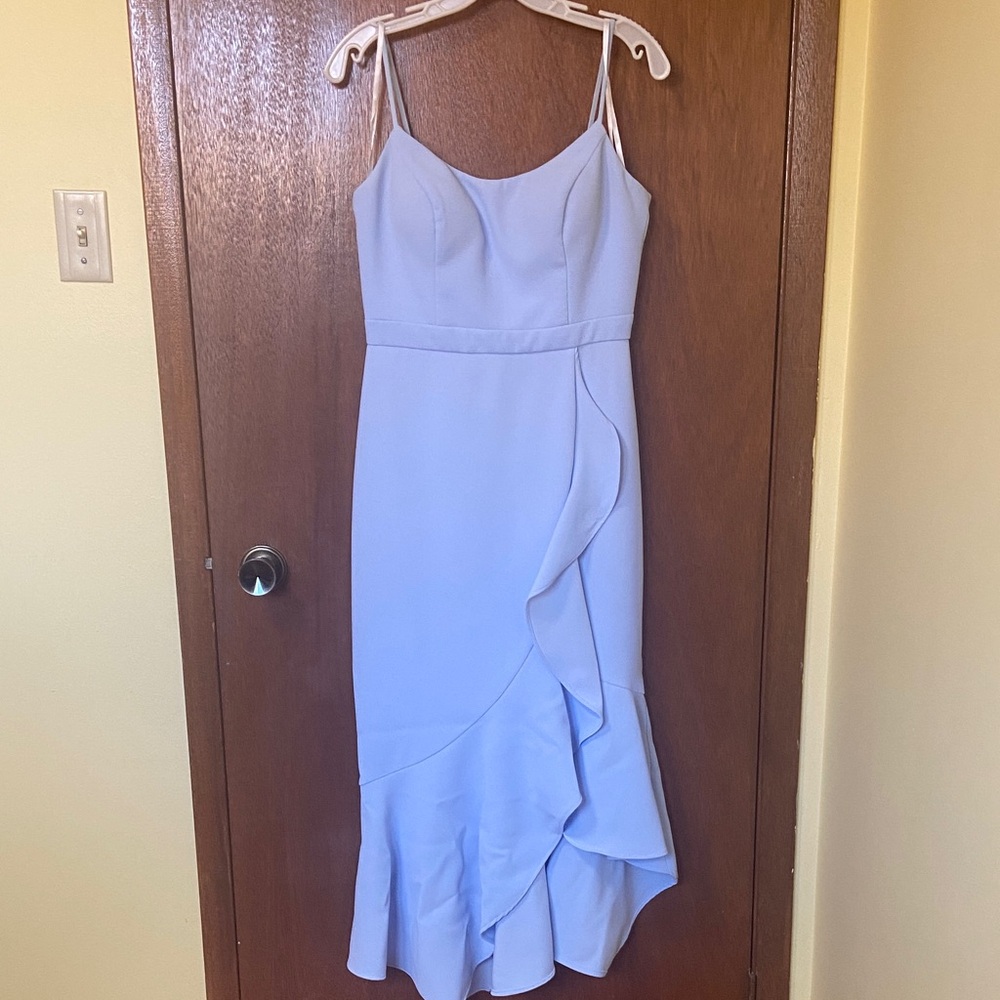 Xscape Light Blue Spaghetti-Strap Midi Dress with Ruffle Detail